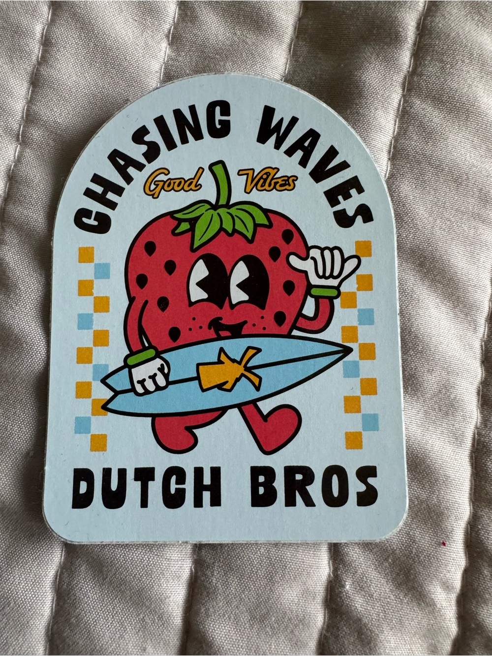 Dutch Bros Strawberry Surf sticker - Light Blue, Red, Green, Yellow